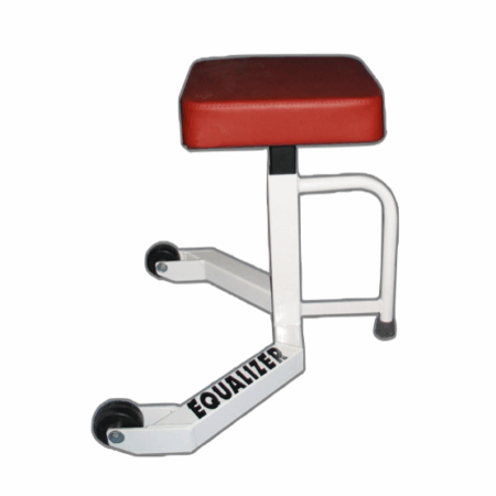 A fitness equipment piece with a red padded seat and a white frame on wheels, designed for exercise routines.