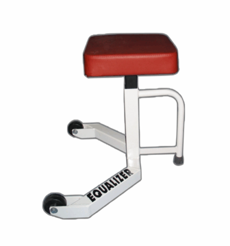 A fitness equipment piece with a red padded seat and a white frame on wheels, designed for exercise routines.