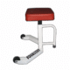 A fitness equipment piece with a red padded seat and a white frame on wheels, designed for exercise routines.