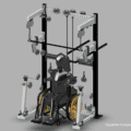 A wheelchair-user-friendly workout machine equipped with various pulleys, weights, and ergonomic attachments for accessible strength training.