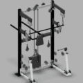 A compact gym machine featuring pulleys, weights, and various stations for strength training exercises.