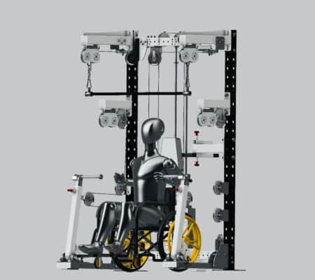 A piece of adaptive gym equipment designed for wheelchair users, featuring adjustable pulleys and a seated mannequin demonstrating its use.
