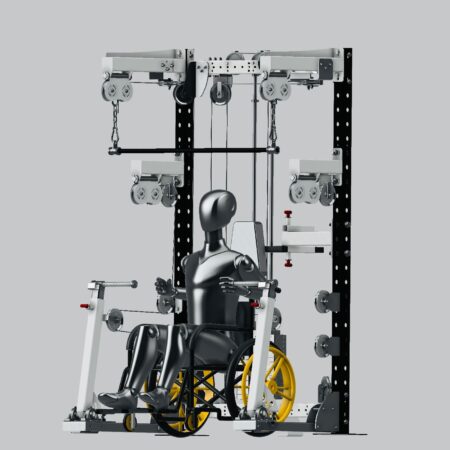 A piece of adaptive gym equipment designed for wheelchair users, featuring adjustable pulleys and a seated mannequin demonstrating its use.