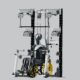 A piece of adaptive gym equipment designed for wheelchair users, featuring adjustable pulleys and a seated mannequin demonstrating its use.