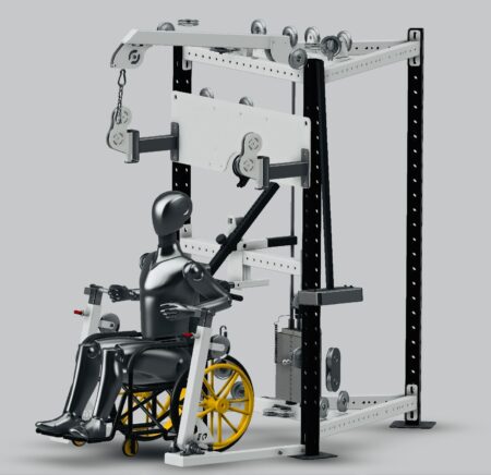 A specialized fitness machine designed for wheelchair users, featuring adjustable pulleys and controls for accessible strength training.