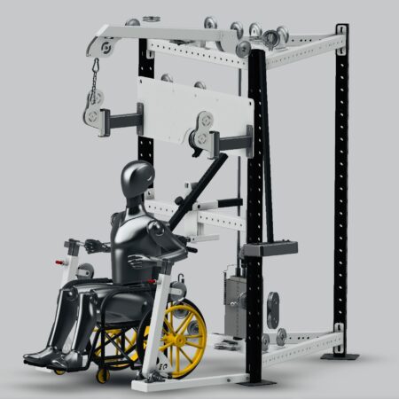 A specialized fitness machine designed for wheelchair users, featuring adjustable pulleys and controls for accessible strength training.