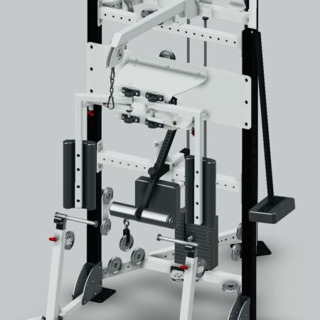 A multi-functional gym machine designed for strength training, featuring adjustable weights, pulleys, and various exercise stations.