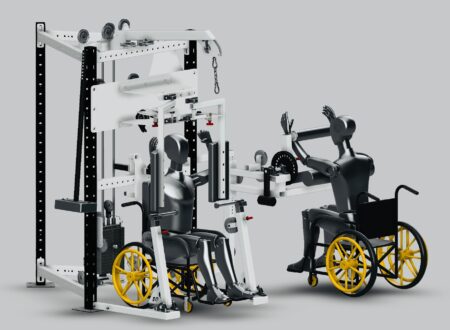 Adaptive gym equipment designed for individuals in wheelchairs, featuring modified exercise machines and a wheelchair user actively engaging in fitness.