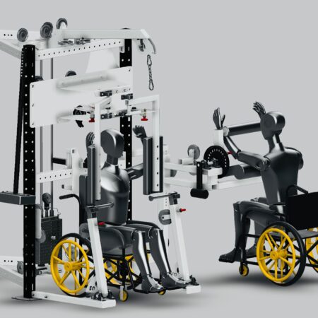 Adaptive gym equipment designed for individuals in wheelchairs, featuring modified exercise machines and a wheelchair user actively engaging in fitness.