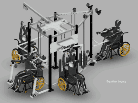 A fitness machine designed for wheelchair users, featuring multiple workout stations and accessible design elements.