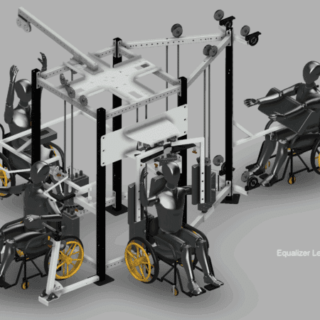 A fitness machine designed for wheelchair users, featuring multiple workout stations and accessible design elements.